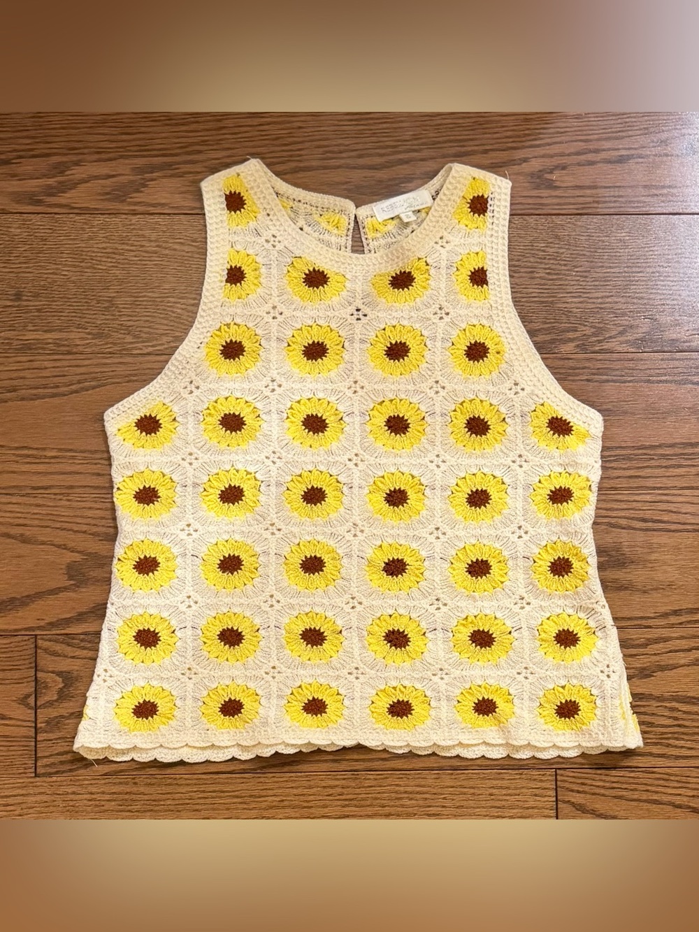 Rebellion Cream Crochet Sunflower Tank Top with Yellow Blooms